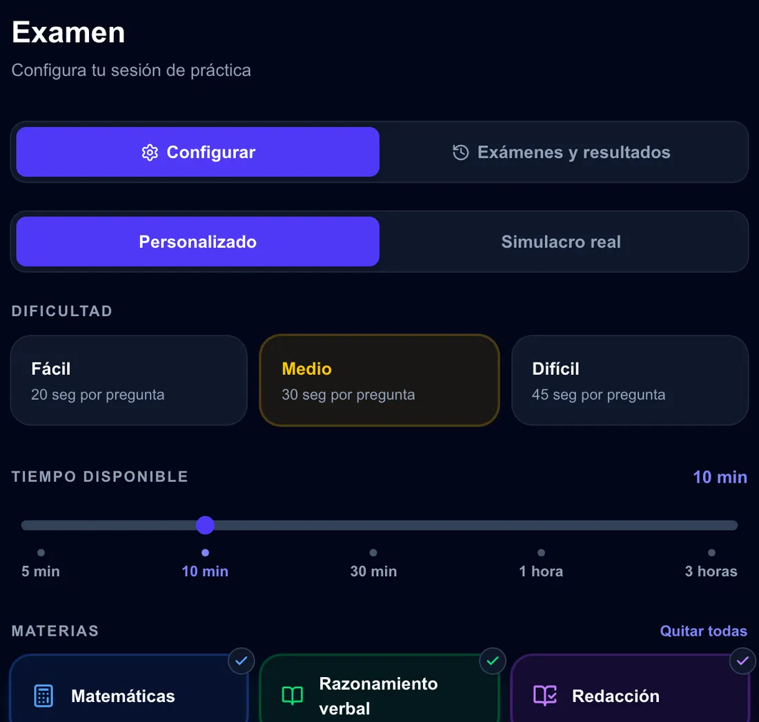 Pantalla para configurar un examen: dificultad, tiempo disponible y materias